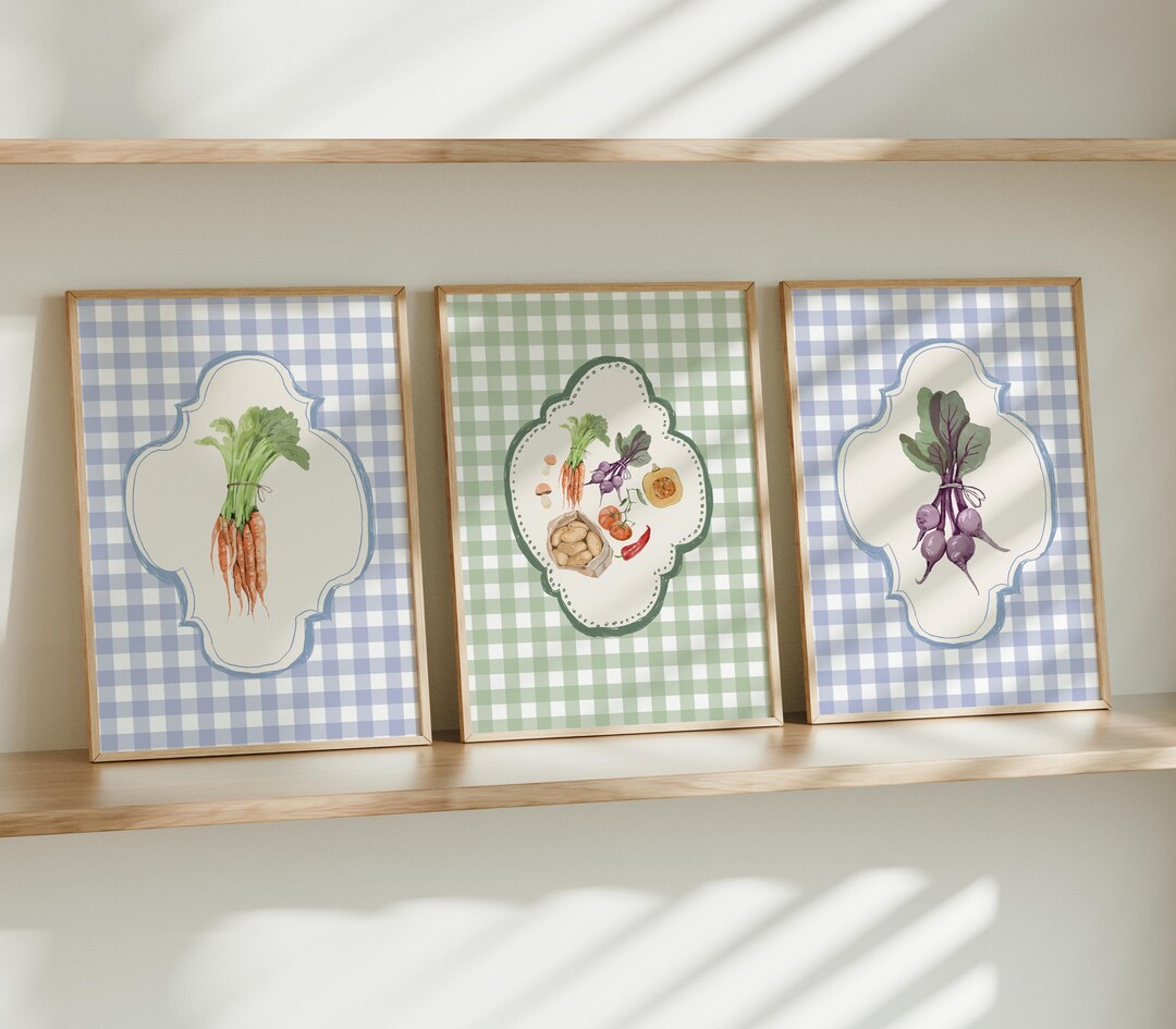 rustic vegetable kitchen prints | 3-piece wall art |... Farmhouse Vegetable Kitchen Wall Art Set Gingham Farm Fresh Decor ...