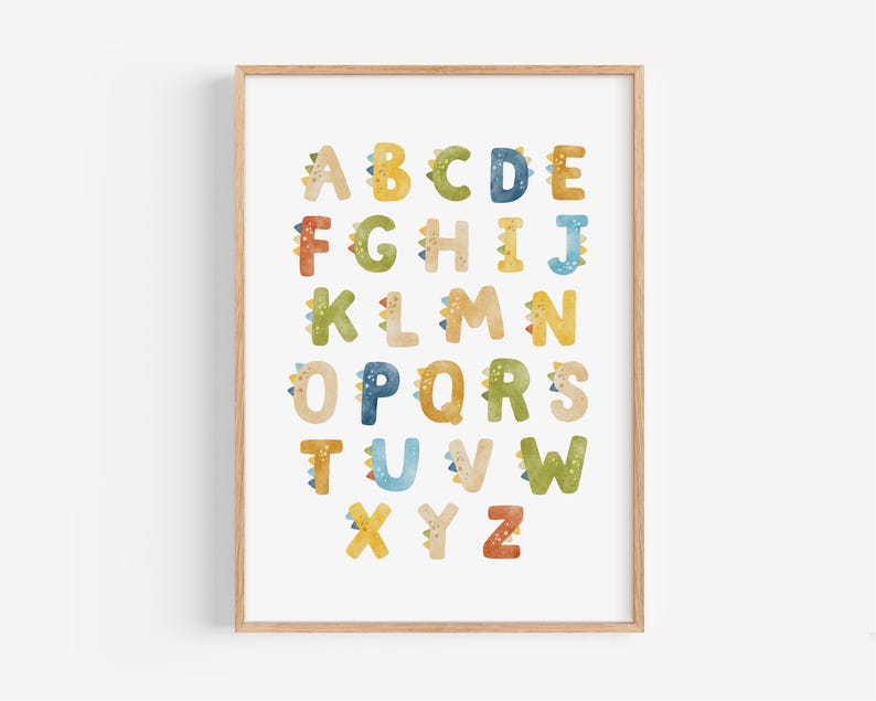 a print of the alphabet in a wooden frame