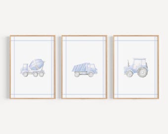 Construction Vehicle Nursery Art For Boys Room Blue Wall Art Playroom Decor Minimalist Poster Baby Shower Gift BLC3