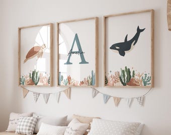 Personalized Ocean Animal Nursery under the sea art print nautical nursery turtle print blue nursery whimsical whale print Set of 3 PO3-A3
