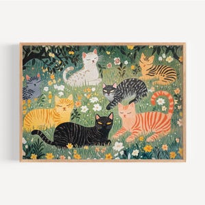 a painting of cats in a field of flowers