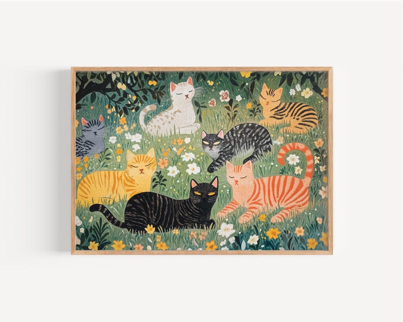 a painting of cats in a field of flowers