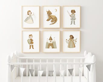 Fairytale Nursery Wall Art Princess Castle Dragon Knight Prints Neutral Baby Room Earth Tone Kids Bedroom Storybook Gallery Art ETD11-A6