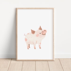 May include: A watercolor illustration of a pink pig with brown ears and a curled tail. The pig has pink spots and is looking to the right. The illustration is on a white background.