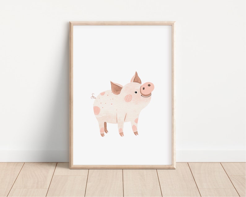 May include: A watercolor illustration of a pink pig with brown ears and a curled tail. The pig has pink spots and is looking to the right. The illustration is on a white background.