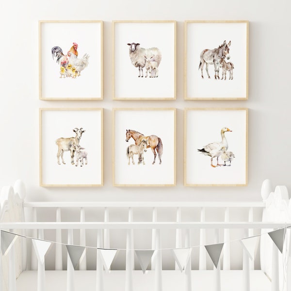 Farm Animal Mom and baby PRINTED art prints. Farm Nursery art prints farm animal themed nursery printed high archival paper Set of 6 FA6-6