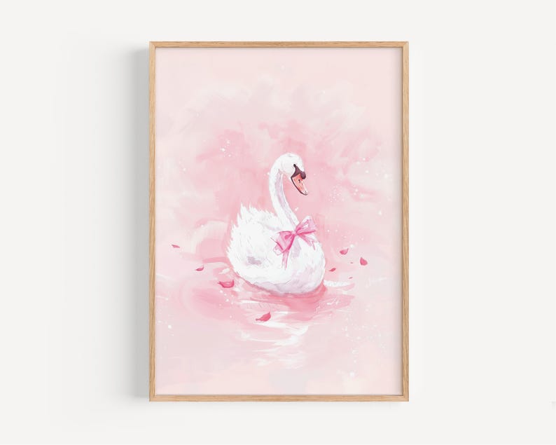 Pink Swan Nursery Pink Art Print Vintage Swan Art Girl Nursery Bow Art ...
