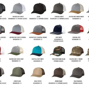 May include: A collection of 20 different colored and patterned trucker hats. The hats are all made of a mesh fabric with a solid front panel. The hats are arranged in a grid pattern.