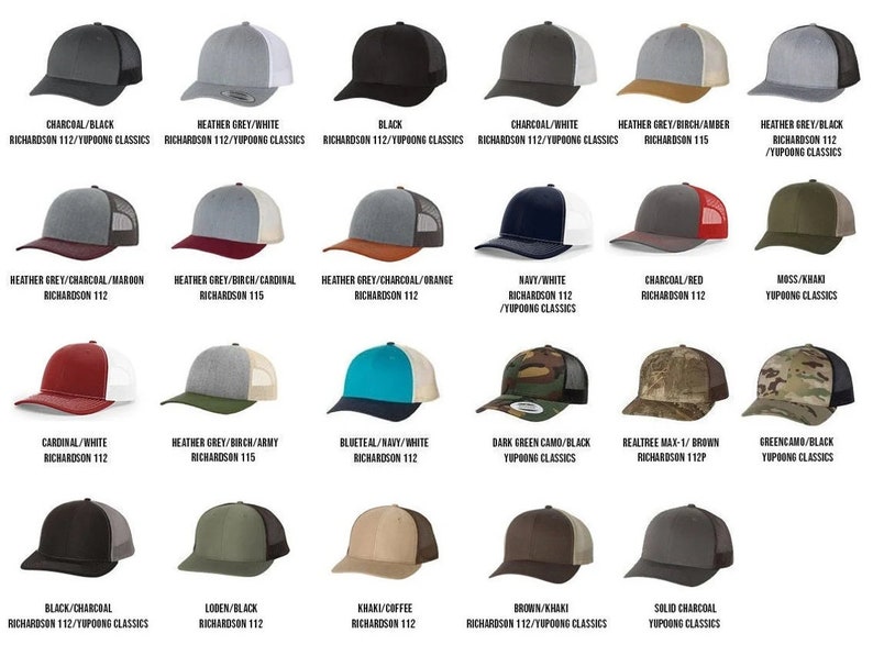 May include: A collection of 20 different colored and patterned trucker hats. The hats are all made of a mesh fabric with a solid front panel. The hats are arranged in a grid pattern.