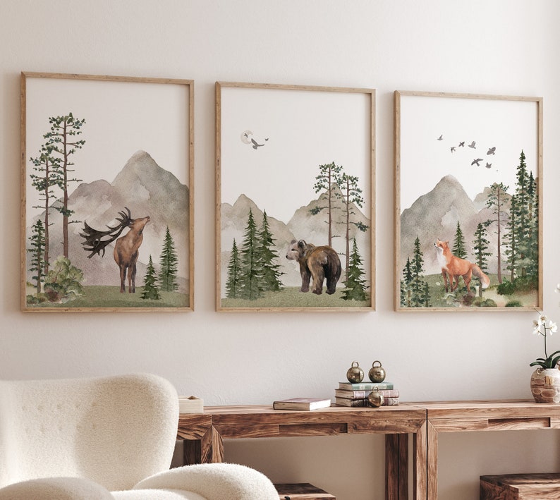 Woodland Nursery wall art PRINTED VERSION, Mountain wall art, tree nursery decor Forest nursery Nursery Prints Watercolor Woodland W05 image 1