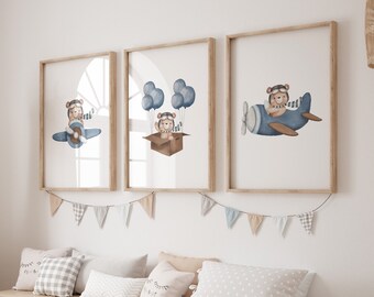 Bear Plane Nursery Art Printed art print, Bear and Plane Printed and shipped Watercolor Plane printed on high quality paper Set of 3  FH4-A3