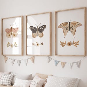 BOHO Butterfly Printed art print,  Pastel Boho Printed and shipped Watercolor boho nuteral printed on high archival paper Set of 3 VB1-A3