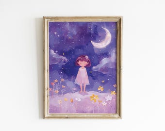 Whimsical Purple Nursery floral wall art little girl painting night sky art print girl nursery whimsical art Printed and Shipped LEN26-A1