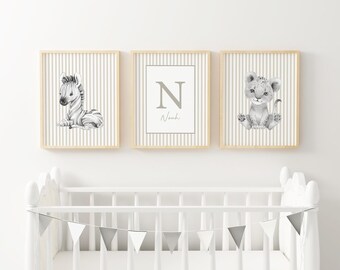Personalized Safari Nursery Wall Art Earth Tone Jungle Animal Prints Custom Baby Name Sign Boys Room Decor Neutral Nursery Lion Art PES5-A3