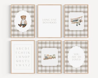 Decoración de pared neutra para guardería infantil con ositos de peluche, estampados vintage de ositos de peluche, aviones y trenes, cuadros vichy, decoración de pared para habitación de bebé "Viva la niñez" XTDY3-A6