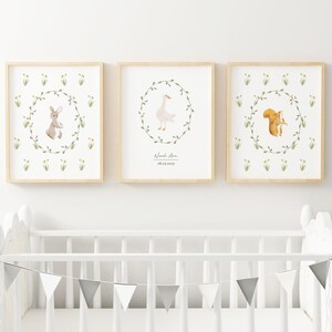 Personalized Vintage Goose Nursery art print Printed and shipped Watercolor art bunny nursery art on high archival paper Set of 3 G2-A3