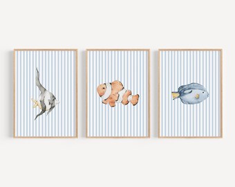 Ocean Animal Nursery Wall Art Sea Life Prints Blue Fish Decor Blue Stripe Kids Bathroom Decor Beach Nursery Coastal Baby Boy Room PEO3-A3