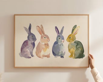 Watercolor Bunny Nursery Wall Art Whimsical Woodland Nursery Decor Colorful Kids Room Wall Art Baby Room Print Earth Tone Nursery KID28-A1