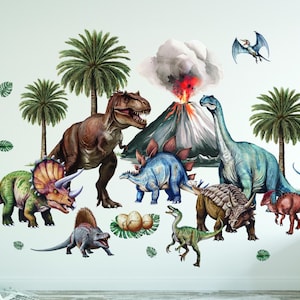 Dinosaur Wall Decals Jurassic Nursery Wall Decor Large Dino Wall Stickers with Volcano Boys Room Decor Dinosaur Playroom Wall Mural Stickers
