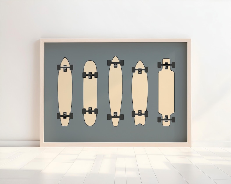 A framed illustration of five skateboards in a row, each with a distinct design, against a gray background.