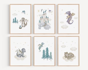 Watercolor Dragon Nursery Wall Art Fairytale Nursery Fantasy Baby Room Magical Castle Print Storybook Nursery Dragon Art DRK1-A6