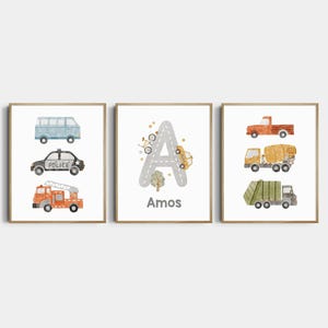 Personalized Transport Nursery Prints. Custom Name prints, boy room trucks and cars custom name prints Trucks decor Set of 3 CR1-A1 image 8