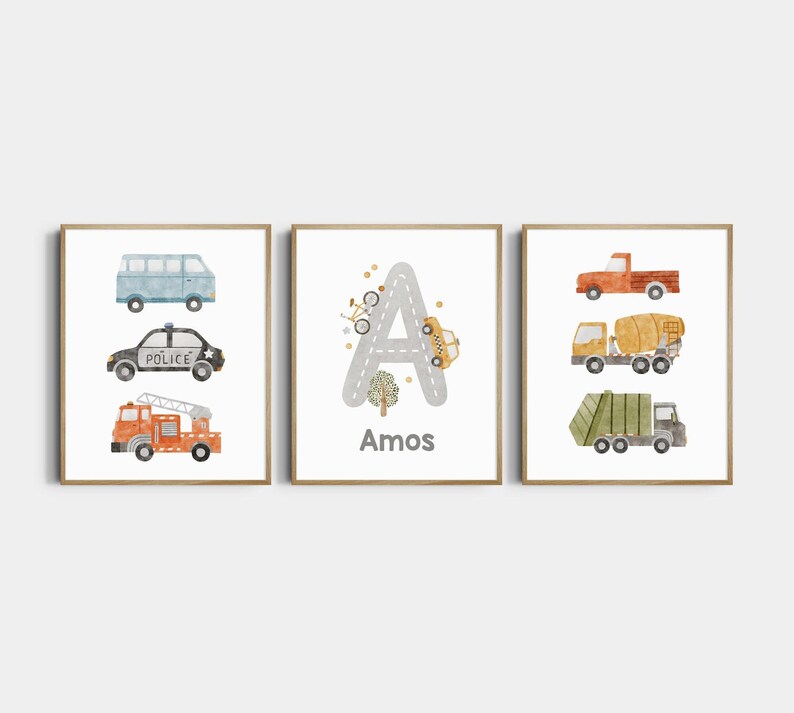 Personalized Transport Nursery Prints. Custom Name prints, boy room trucks and cars custom name prints Trucks decor Set of 3 CR1-A1 image 8