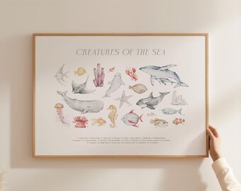 Sea Creatures Nursery Wall Art Educational Ocean Animal Chart Watercolor Sea Life Poster Kids Room Whales Orcas Manta Ray Print PEO10-A1