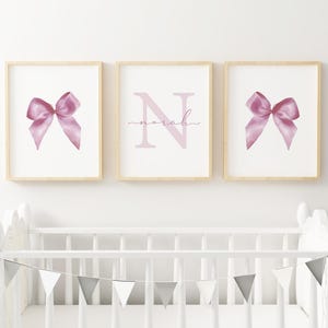 Personalized Pink Nursery decor coquette bow print soft pink nursery girls room wall art girl nursery Printed and Shipped Set of 3 GPB2-A3