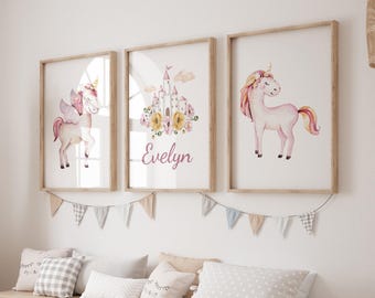 Personalized Unicorn Wall Decor Art Print PRINTED Unicorn Art Print, Unicorn Nursery , Unicorn Decor Watercolor Unicorn Nursery Set of 3 G01