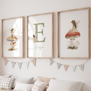Personalized Fairy and Mushroom Nursery mushroom art fairy nursery sage green nursery woodland print whimsical nursery art Set of 3 NF11-A3