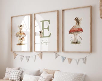 Personalized Fairy and Mushroom Nursery mushroom art fairy nursery sage green nursery woodland print whimsical nursery art Set of 3 NF11-A3