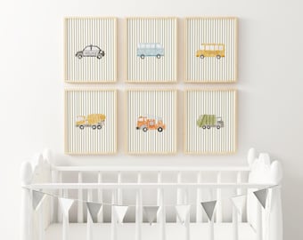 Sage Green Vehicles Nursery Wall Art Transportation Boys Room Decor Watercolor Truck Nursery Vintage Stripes Print Green Baby Room SNC2-A6