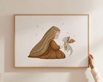 Royal Princess Dragon Nursery Wall Art Fairytale Baby Girl Room Neutral Earth Tone Fantasy Kids Bedroom Storybook Stars Playroom XETD5-A1