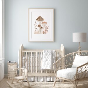 a baby's room with a rocking chair, crib, and a mushroom