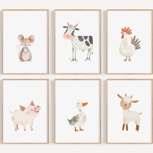May include: Set of six watercolor illustrations of farm animals, each in a separate white frame. The animals are a mouse, a cow, a rooster, a pig, a goose, and a goat.