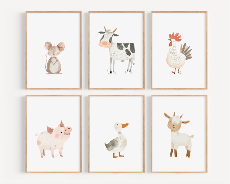 May include: Set of six watercolor illustrations of farm animals, each in a separate white frame. The animals are a mouse, a cow, a rooster, a pig, a goose, and a goat.