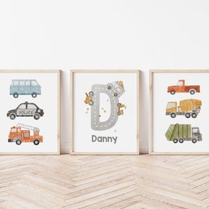 Personalized Transport Nursery Prints. Custom Name prints, boy room trucks and cars custom name prints Trucks decor Set of 3 CR1-A1 image 10