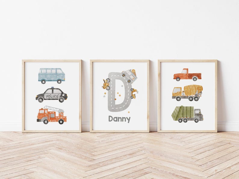 Personalized Transport Nursery Prints. Custom Name prints, boy room trucks and cars custom name prints Trucks decor Set of 3 CR1-A1 image 10