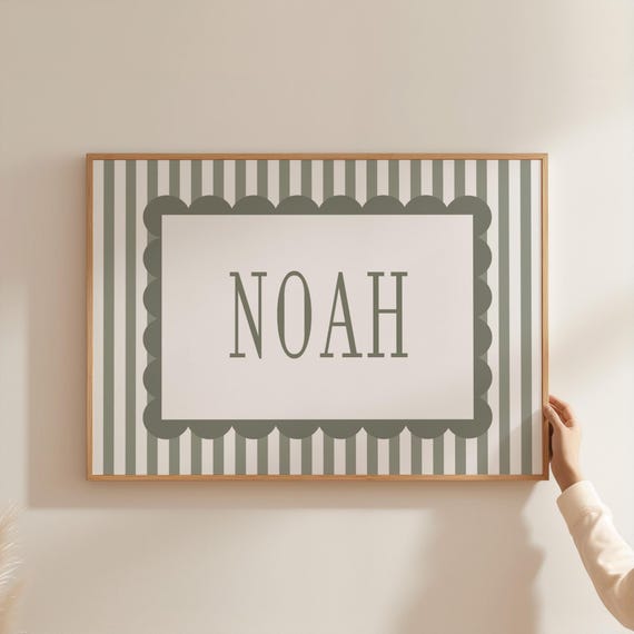 Personalized Vintage Green Nursery Wall Art Custom Baby Name Sign Olive Green Nursery Scalloped Art Boy Room Decor Vintage Kids Art SST5-A1