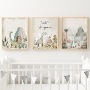 Decoración de dinosaurio personalizada para guardería, arte de pared para sala de juegos, arte neutral para guardería, decoración de dinosaurios, póster personalizado con nombre de bebé, impreso y enviado en formato DIN1-A3
