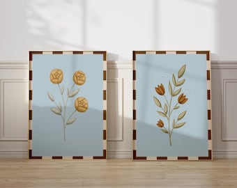 Muted Botanical Floral Nursery Wall Art Blue Baby Room Earth Tone Girl Gallery Wall Neutral Kids Playroom Natural Floral Decor XETD7-A2