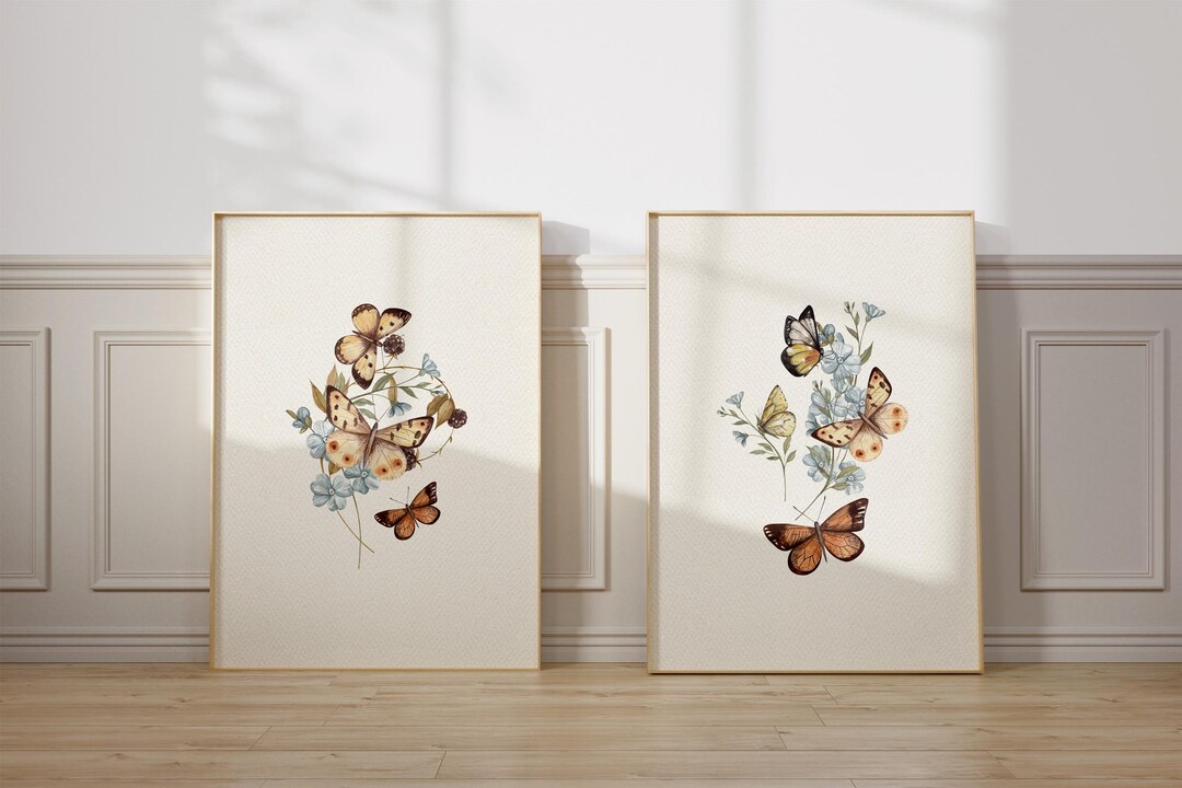 Vintage Watercolor Butterfly Nursery Wall Art Soft Blue Floral Garden ...