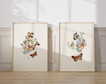 Vintage Watercolor Butterfly Nursery Wall Art Soft Blue Floral Garden Decor Earthy Tone Baby Room Wildflower Art Cottagecore Decor XFES2-A2