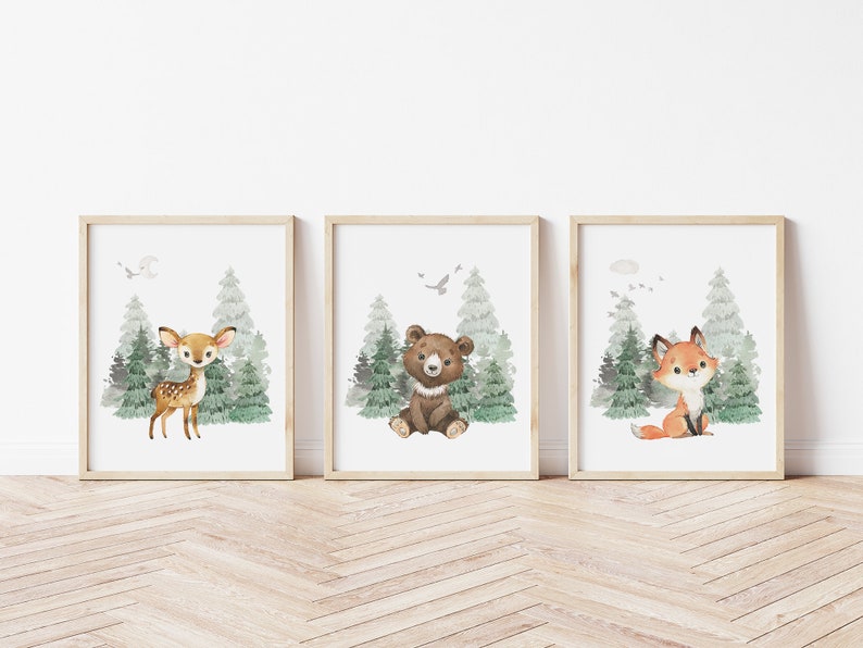 Woodland Nursery kunst aan de muur GEDRUKT VERSIE, Bear Wall art, Forest kwekerij Kwekerij Prints Aquarel Woodland W04 afbeelding 4