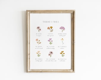 Today I Will Nursery Wall Art Wildflower Nursery Affirmations For Kids Botanical Girl Room Art Positive Montessori Playroom Decor HOS11-A1
