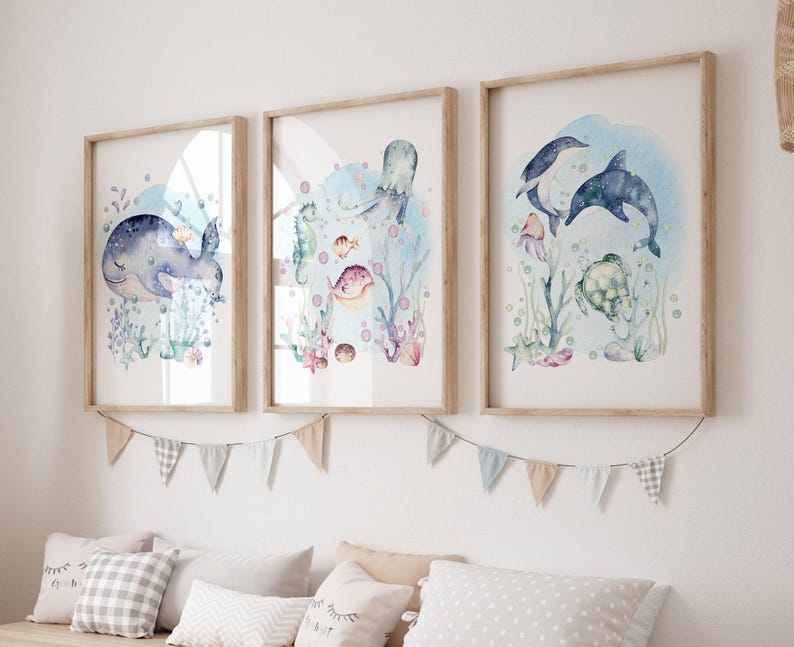 Under the Sea Ocean Art Prints PRINTED Set of 3 Ocean art prints printed on high quality art paper perfect for your ocean nursery! U02 image 4