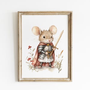 A framed illustration of a mouse dressed in medieval armor, standing in a field with flowers and plants.