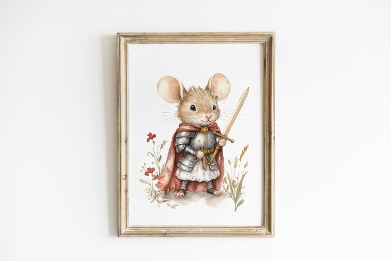 A framed illustration of a mouse dressed in medieval armor, standing in a field with flowers and plants.