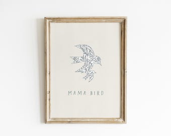 Mama Bird  Wall Art Botanical Swallow Soft Blue Nursery Art Mother Baby Bird Artwork Neutral Baby Room Decor Motherhood Keepsake MB4